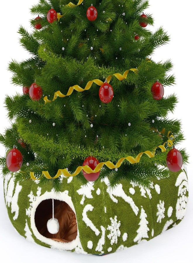 Yeyeplum Cat Tunnel Christmas Tree Skirt 3 ft x 3 ft x 10 Inch Cat Bed Donut Cave Indoor Fluffy Circular with Mat and Ball Playground Toys for Festive Kitten Puppy Ferret Rabbit(Green,Elk) - Image 1